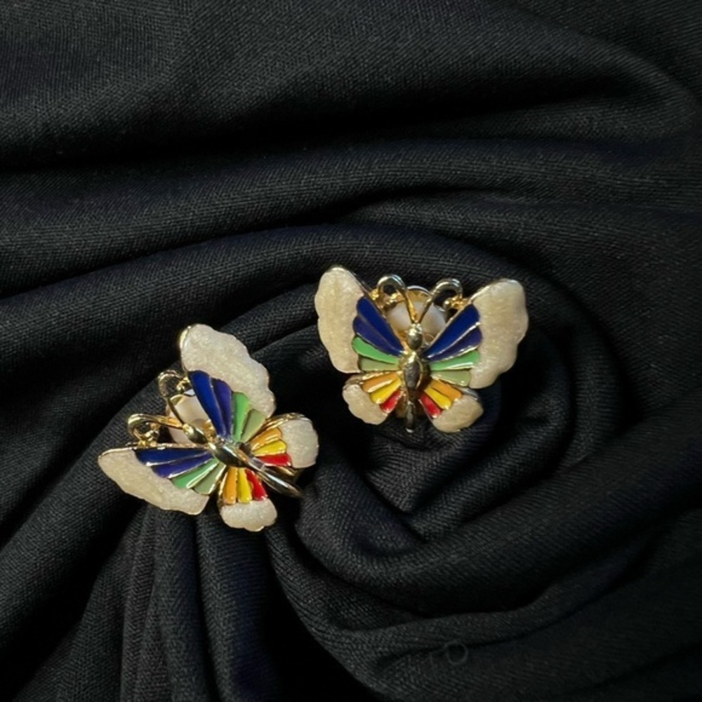 Vintage gold tone rainbow butterfly clip on earrings